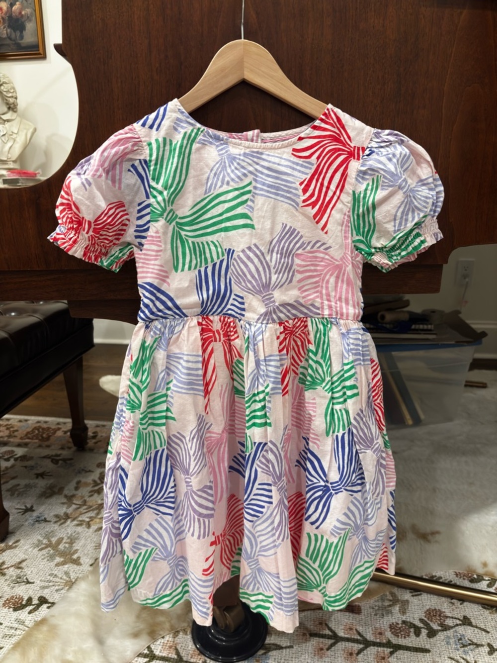 Mini Boden Multicolor Bow-Print Puff Sleeve Dress